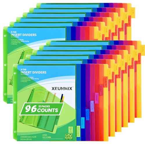 8-Tab Binder Dividers - Index Pockets Divider for 3 Ring Binders, 3-Hole Plastics Sheets Protectors for US Letter Size in 0.5'', 1'', 2'', 3 inch Binders, 8 Colors (XY004) (12 Packs)