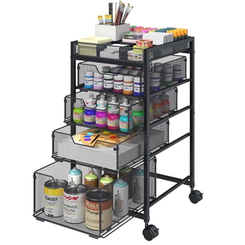 Hayexiha Rolling Utility Cart with 4 Drawers - Black, Lockable Wheels & Adjustable DIY Dividers