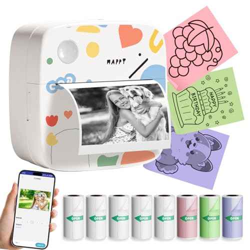Sticker Printer with 9 Rolls Thermal Paper, Little Thermal Printer Compatible with iOS & Android, Pocket Inkless Mini Sticker Maker, Label Maker Machine for Study, Journal, Memo, Notes
