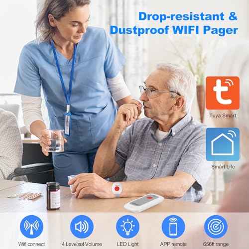 Caregiver Pager Life Alert Systems for Seniors No Monthly Fee Wi-Fi APP Control Elderly Alarm Call Button Panic Alarm for 1 Call Button 1 Watch Button 1 Receiver(Only Supports 2.4GHz Wi-Fi)