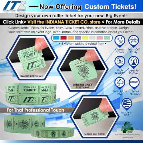 INDIANA TICKET CO. Raffle Double Roll, 5 Rolls 1,000 Tickets, 1 Roll Each Red, Blue, Green, White & Yellow, Premium Quality 50/50, Events Tickets(Pack of 5)