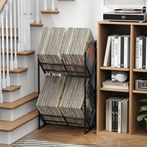PAPAGIFTREE 2 Tier Vinyl Record Storage Rack - Holds up to 200 LPs, Metal Display Shelf with Adjustable Dividers