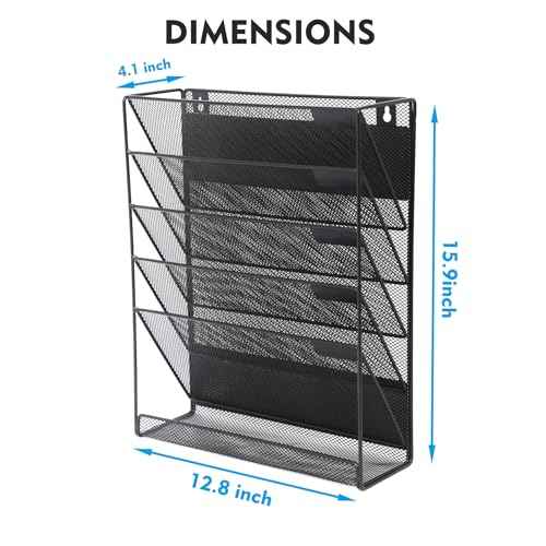 EASEPRES Magnetic File Organizer Mesh 6-Tier, Hanging Wall Mount File Organizer Vertical Holder Rack for Office Home, Black