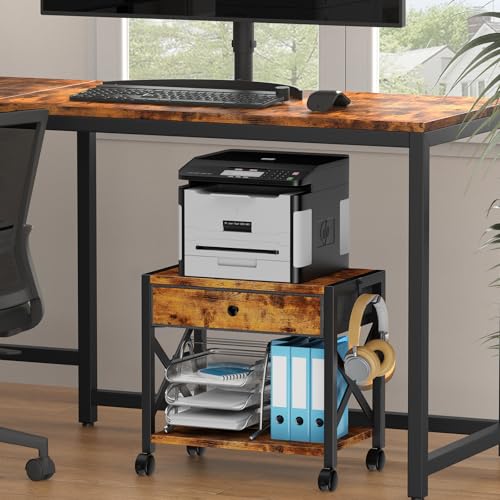 EasyCom 2-Tier Desktop Printer Stand with Large Drawer, Under Desk Storage with Wheels, Small Shelf with Storage for Paper Storage Printer Scanner Fax Home Office Use Rustic Brown