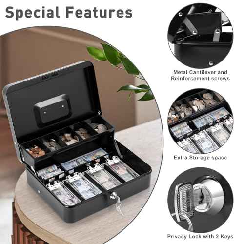 KYODOLED Locking Cash/Money Saving Organizer Box with Lock Safe with Key and Cash Tray, Black, 11.81Lx 9.45Wx 3.54H inches, XL Large