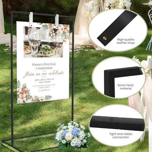 Wedding Welcome Sign Stand, Welcome to Our Wedding Sign Holder with Leather Hanging Strap,50"x30"x 20"Heavy Duty Easel Stand for Sign Suitable for Wedding, Birthday, Halloween, (Black)