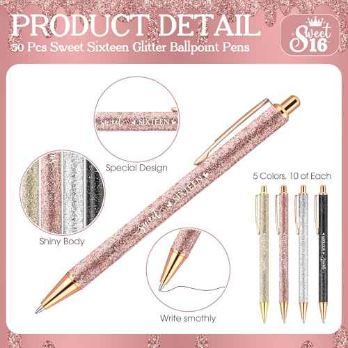 25 Sets Sweet 16th Birthday Party Favors for Guests, Include Sweet Sixteen Glitter Ballpoint Pens with Thank You Cards, Thank You for Coming to My 16 Years Birthday Party Supplies (Classic)