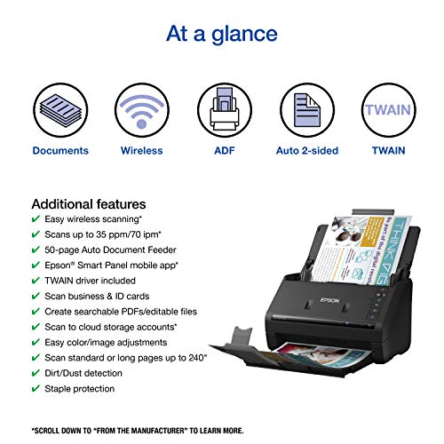 Epson ES-500W II Wireless Color Duplex Document Scanner - Fast ADF, OCR, Cloud Compatible