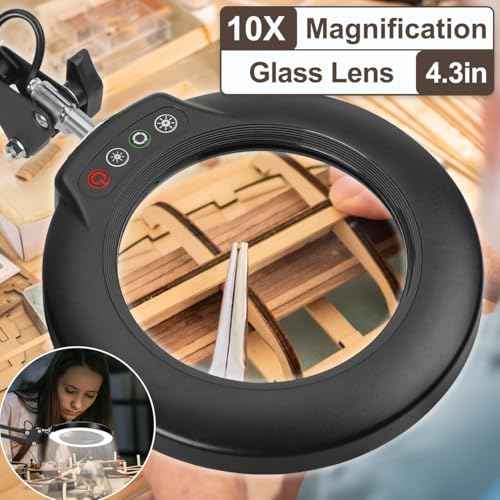 10X Magnifying Glass with Light and Stand, 5 Color Modes Stepless Dimmable 2-in-1 Desk Lamp with Clamp, Hands Free LED Lighted Magnifier with Light for Craft Hobby Painting Reading Repair Close Works