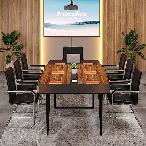 8ft Conference Table Walnut & Black Boat-Shaped Meeting Table with Grommet - Modern Office Furniture