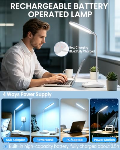 DEEPLITE White Battery-Powered LED Desk Lamp, Cordless & Dimmable, Portable Table Light for Study & Home Office - 1 Pack