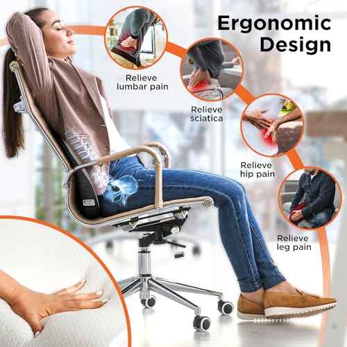BLACK+DECKER Memory Foam Lumbar Support Pillow ? Lumbar Cushion for Office, Car, Wheelchair & Airplane ? Ergonomic, Pain Relief, Adjustable Strap, Washable Cover, Grey/Black