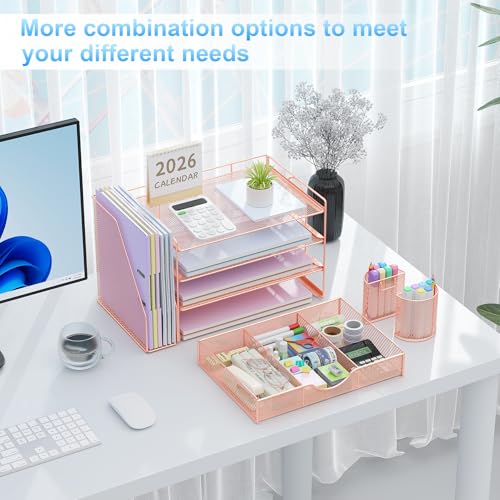 Gianotter Rose Gold 4-Tier Desk Organizer with File Holder, Pen & Drawer Storage