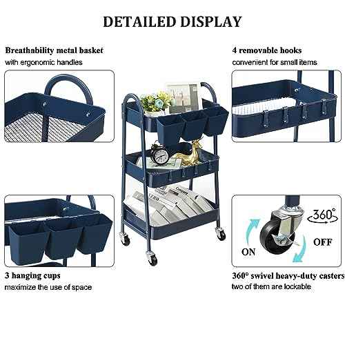 danpinera 3-Tier Rolling Cart, Utility Cart Mobile Metal Rolling Storage Cart with Lockable Wheels & Hanging Cups & Hooks for Kitchen, Bathroom, Office, Workshop, Dark Blue