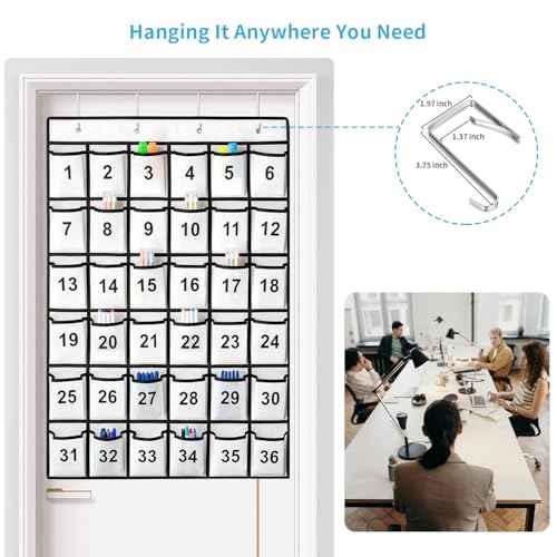36 Pockets Numbered Classroom Pocket Chart for Cell Phones, Hanging Pocket Chart Storage for Classroom Phone Calculator Holder with 4 Stainless Steel Hooks (White-36pockets)