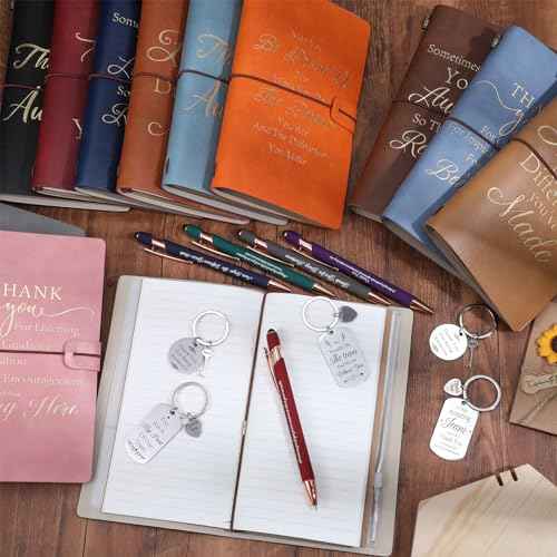 Fulmoon 36 Pcs Thank You Teacher Gift Include 12 Refillable Inspirational PU Leather Journal Notebook 12 Ballpoint Pen 12 Motivational Keychain Employee Appreciation Gift for Nurse Volunteer Coworker