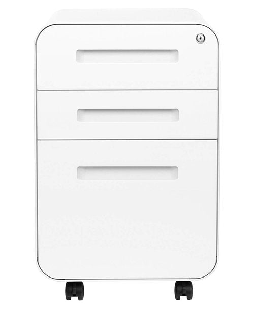 Laura Davidson Furniture Stockpile 3 Drawer File Cabinet with Lock - Under Office Desk Metal Filing Cabinet, Legal/Letter File Folders, Wheels and Stationary Feet, Pre-Assembled, White