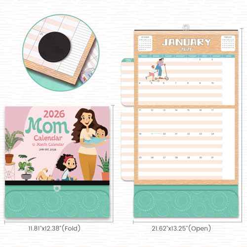 2026 Calendar - Mom Calendar 2026, Magnetic Calendars for Refrigerator, Jan.2026 - Dec.2026, 11.81"x12.38", Family Calendars 2026, Fold-out Wings, Large Pocket, Hanging Hook