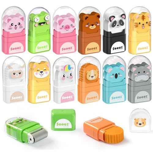 Sooez 12 Pack Pencil Erasers with Clean up Roller, Cute Erasers for Kids, Animal Fun Eraser with Shaving Roller and Cover, for Teacher Class Favor School Supplies Home Office Party
