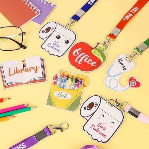 6 Pcs Acrylic Hall Pass Lanyards Unbreakable School Passes Set for Cute Classrooms Hall Restroom Library Office and Nurse School Students Teacher Supplies