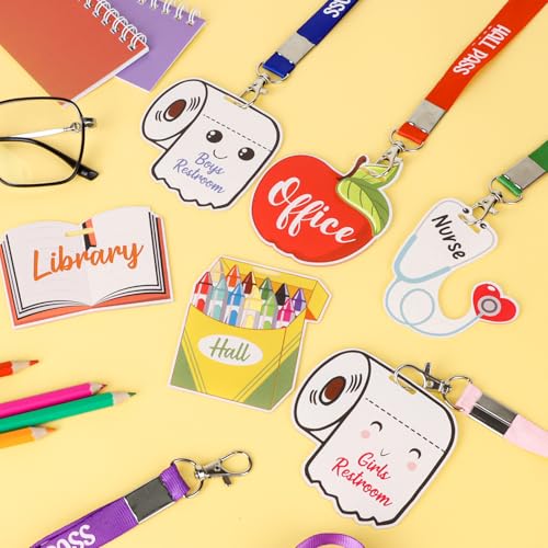 Adecortalk Acrylic Hall Pass Lanyards Set for School & Office, 6 Pack - Cute Classroom Passes for Restroom, Library, Nurse, and More