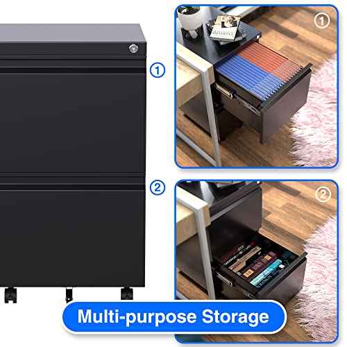 METAN 2 Drawer File Cabinet with Lock, Mobile Under Desk Filing Cabinet for Office Legal/Letter Size, Fully Assembled Except Wheels,Black