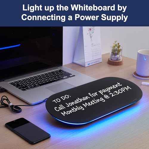 TSJ OFFICE Glass Desktop Whiteboard - 17 X 7 Inches Small Dry Erase Board with Blue Light, Glass White Board Surface Notepad with 1 Drawer, Desk Organizers for Office, Home, School Supplies (Black)