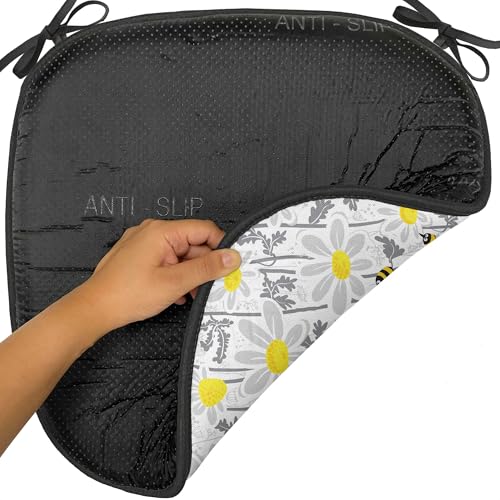 Ambesonne Yellow Chair Seating Cushion Set of 4, Pattern with Bees and Chamomile Daisy Flowers in Flourishing Meadow Nature, Anti-Slip Seat Padding for Kitchen & Patio, 16"x16", Grey Yellow White