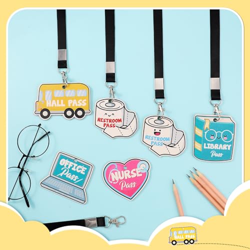 Wooden Classroom Hall Pass Set with Lanyards - 6 Pack for Teachers & Students
