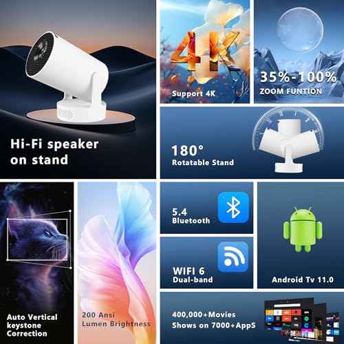 Mini Projector with WiFi and Bluetooth, Portable Projectors with Mouse, 40-200" Smart Outdoor Movie Projector 4K 1080P Support, 180¡Æ Rotatable Home Vedio Projector Compatible with HDMI/USB/Smartphone