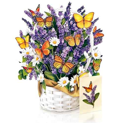 Freshcut Paper Pop Up Cards, Lavender & Butterflies, 12 Inch Life Sized Forever Flower Bouquet 3D Popup Greeting Card, Birthday & Thank You Card, Blank Notecard & Envelope