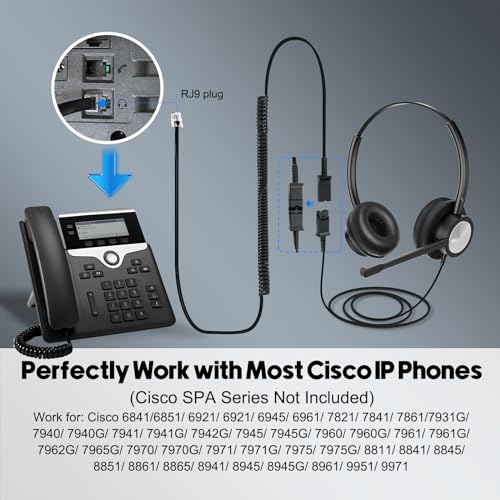 MKJ Cisco Telephone Headset with Microphone Noise Cancelling, Wired Headphone for Call Center Office, Dual Ear Phone Headset with RJ9 Jack for Cisco 7861 7942G 7945G 7960 7961G 7962G 8841 8861 9971