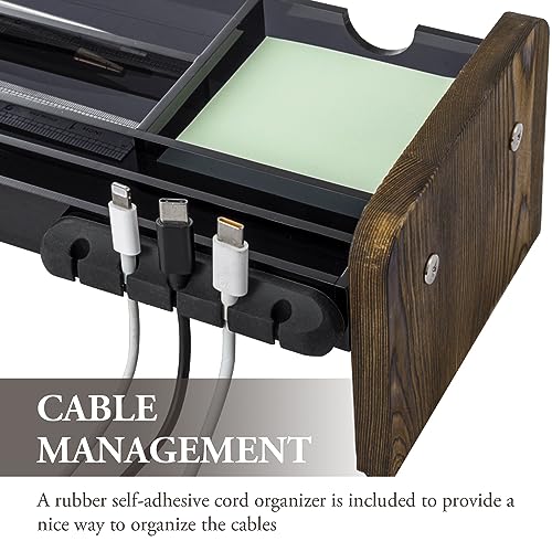 MyGift Premium Dark Gray Acrylic Desk Storage Tray with Rustic Burnt Solid Wood Side Panel Legs, Office Desktop Over Keyboard Supplies Holder, Includes Cable Organizer