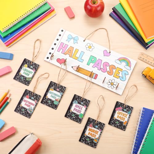 Mooliwe Classroom Hall Passes Set - Pastel Wooden Sign & Student Passes
