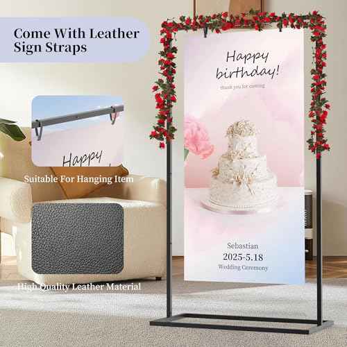 Wedding Sign Stand, Metal Welcome to Our Wedding Sign Stand,Adjustable Wedding Sign Holder with Leather ,Hanging Straps for Hanging,Heavy Duty Easel Stand for Sign Poster Seating Chart