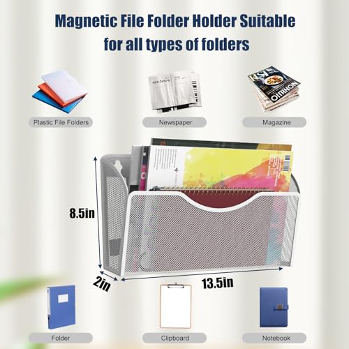 2 Pockets Magnetic File Holder for File Cabinets, Folder Holder Organizer- No Drilling Paper Document Holder, Large Capacity Office Hanging Magazine Rack for Refrigerator, Whiteboard, Office, Kitchen
