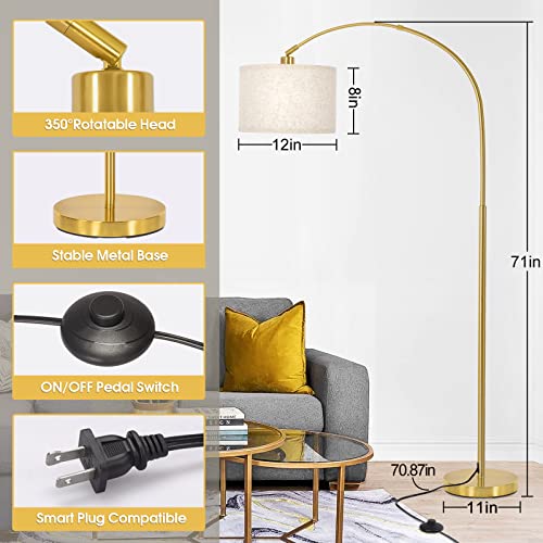 Gold Floor Lamp, Arc Floor Lamp for Living Room with Adjustable Drum Lampshade, Modern Tall Standing Lamp with On/Off Foot Switch, Over Couch Arched Reading Light for Reading, Bedroom, Office