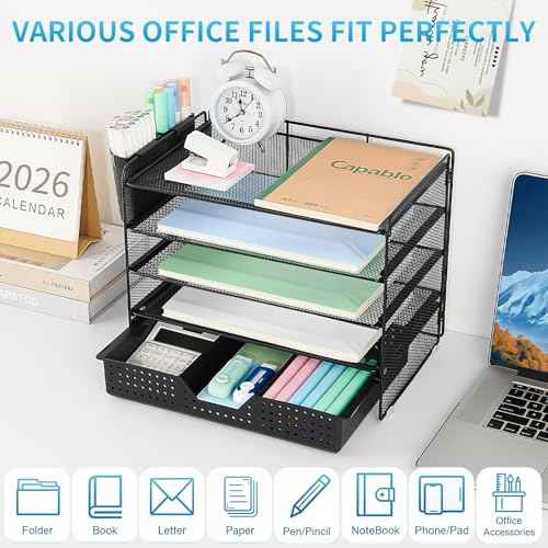 5-Tier Paper Organizer Letter Tray with Drawer & 2 Pen Holders, Desk Organizer and Accessories for Desktop File Workspace Organization, Office Desk Accessories Office Supplies Storage (Black)