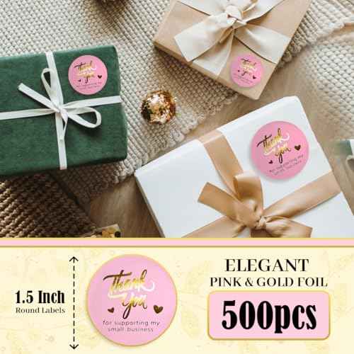 Pink Thank You Stickers Gold Foil ? 500 Waterproof 1.5¡± Round Labels for Small Business Packaging, Custom Thank You Labels for Envelopes, Gift Bags, Boxes, Cards & Orders