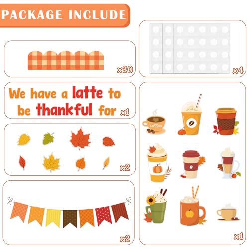 Thanksgiving Latte Bulletin Board Set Fall Coffee Cup Bulletin Board Classroom Decoration Autumn Maple Leaves Cutouts Home Window Wall Party Decor for Teacher(We Have A Latte To Be Thankful For)
