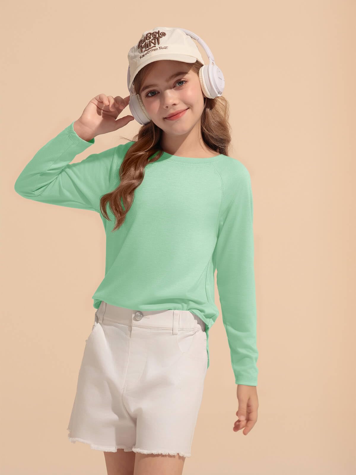 Haloumoning Girls Raglan Long Sleeve Shirts Kids Curve Hem Crewneck Tunic Tops Fashion T-Shirts 5-14Y Mint