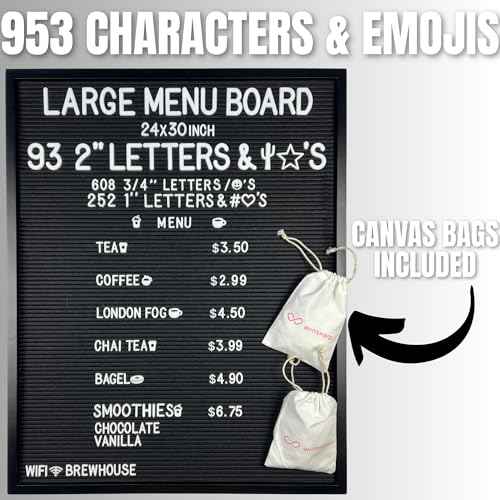 Large All Black Felt Letter Board | 24"x30" Classy Black Frame with 953 White Letters, Emojis & Characters | Premium Changeable Sign Boards for Price List Message Letterboard