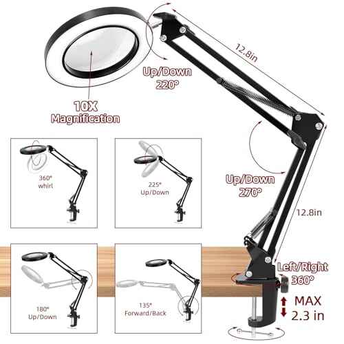 Desk Lamp with Lighting Magnifying Glass: 10x Magnifying Glass Light with 3 Color Modes and 10 Levels of Dimming