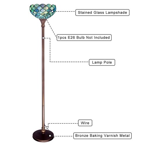 Tiffany Floor Lamp Torchiere Stained Glass Torch Lamp 12X12X67 Inch Antique Standing Corner Light (Sea Blue Pearl)