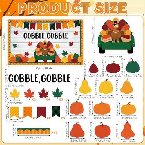 Qyeahkj Thanksgiving Turkey Bulletin Board Set Gobble Gobble Pumpkin Classroom Decorations Fall Thanksgiving Happy Turkey Day Paper Cutouts for Classroom School Home Chalkboard Wall Door Supplies