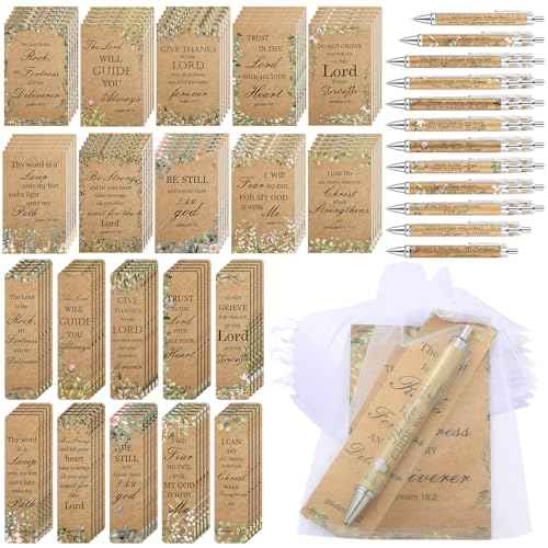 Yeaqee 200 Pcs Christian Gifts Set Include 50 Bible Verses Bookmarks Book Markers 50 Ballpoint Pens 50 Bible Notebooks 50 Organza Bags Mother's Day Bulk Gifts for Church Women