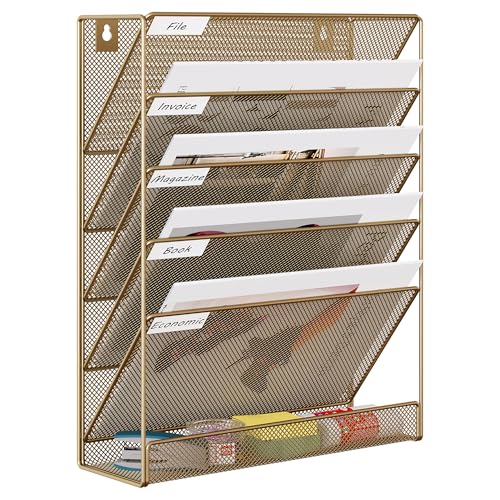 EasyPAG Gold 5-Tier Wall File Holder Mesh Organizer with Labels, Vertical Office & Home Desk Storage