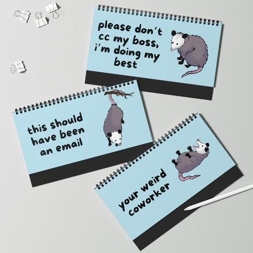 Opossums At Work Desk Sign - Funny 12-Page Spiral Flip Stand | 10x5 Inch Professional Mood Display