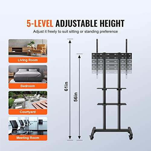 VEVOR Mobile TV Cart for 32 to 70 inch TVs, Height Adjustable Portable TV Stand with Wheels and Double Tray for Audio-Visual Devices, Rolling TV Stand for Living Room