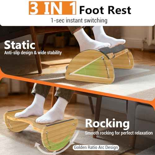 Bamboo Foot Rest for Under Desk at Work - 3-in-1 Reversible Rocking Desk Footrest with Foam Cushion Pad and 6 Adjustable Heights, Ergonomic Foot Rest with Washable Cover for Home, Office and Gaming
